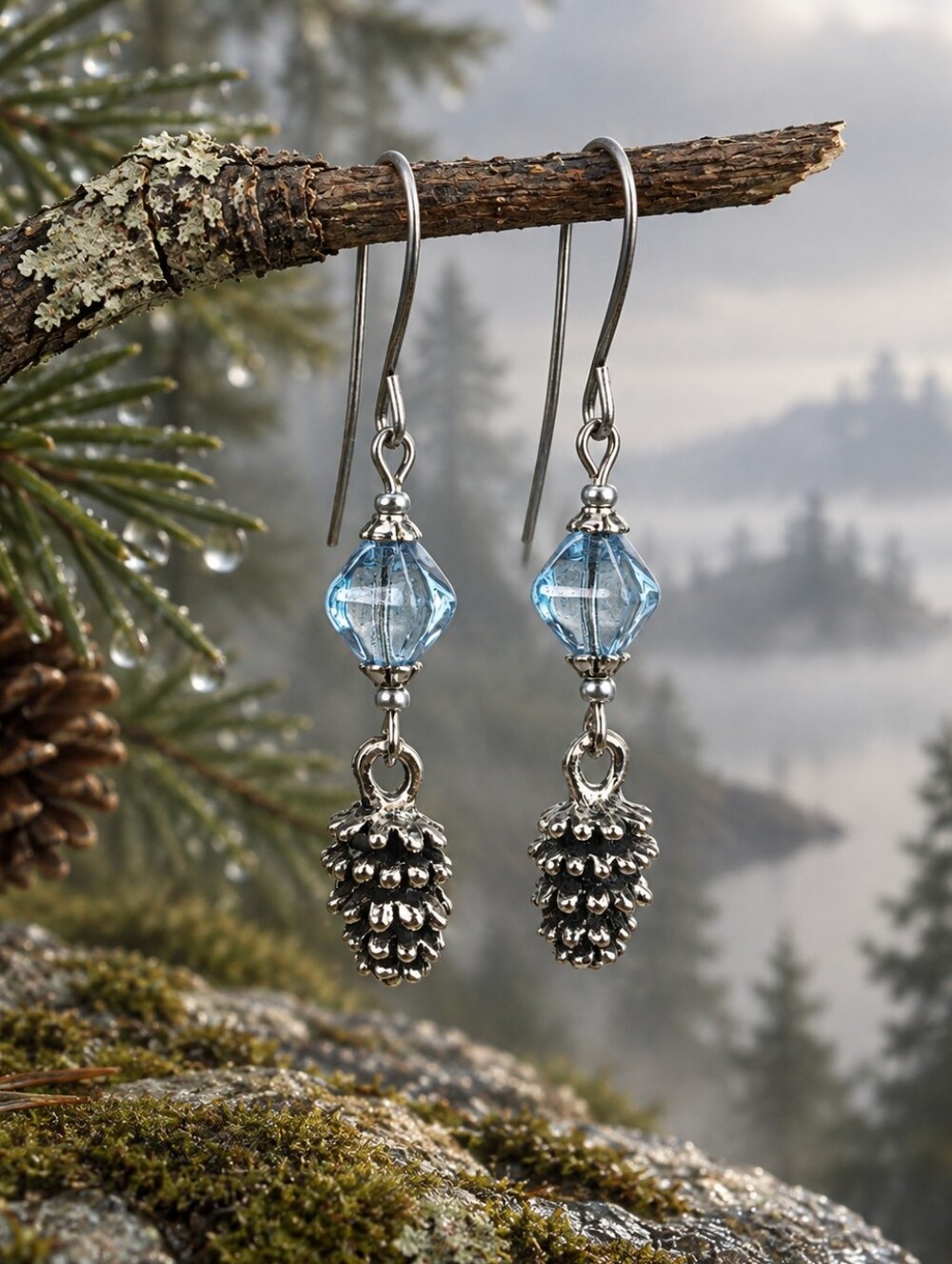 Blue Glass Pinecone Earrings Antiqued Silver Woodland Hand Crafted